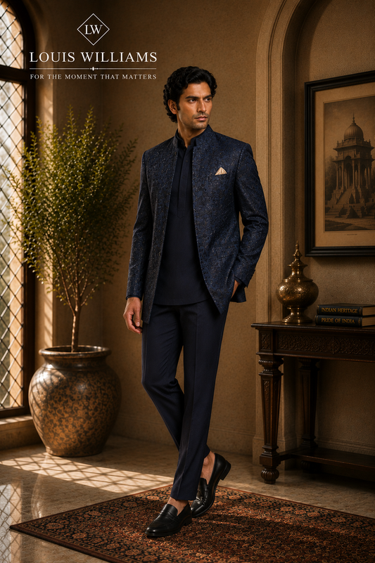 MIDNIGHT ROYAL — Navy Blue Tonal Jacquard Jodhpuri