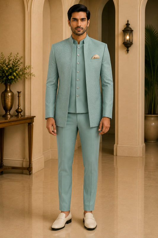 BEFORE THE VOWS — Sage Green Woven Jodhpuri Suit