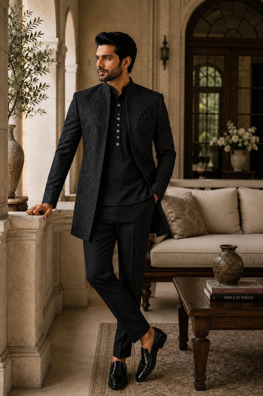 FTER DARK — Black Woven Jodhpuri Suit