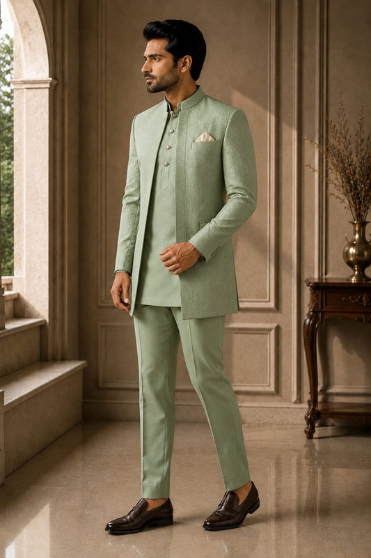 BEFORE THE GARDEN — Sage Green Woven Jodhpuri Suit