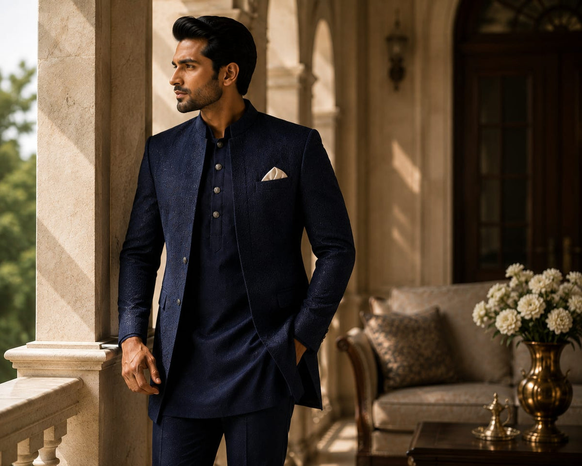 AFTER DARK — Navy Blue Jodhpuri suite dress
