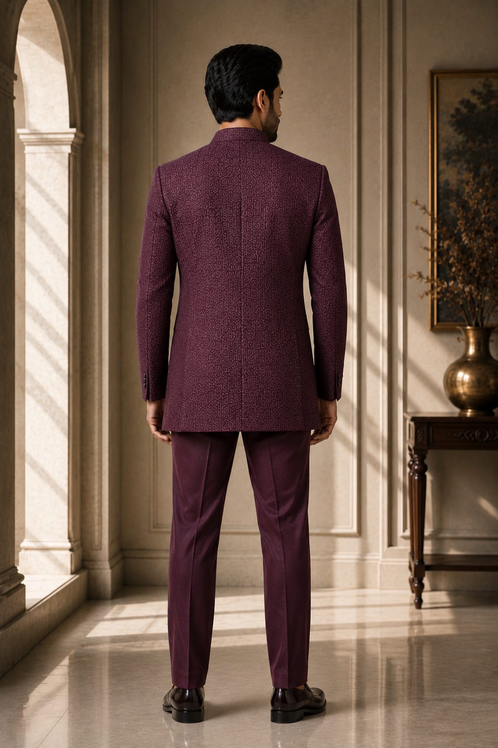 AFTER HOURS — Burgundy Woven Jodhpuri Suit