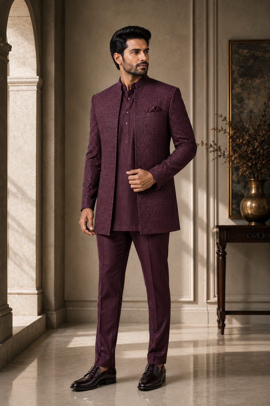 AFTER HOURS — Burgundy Woven Jodhpuri Suit