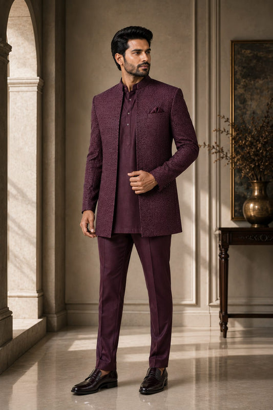 AFTER HOURS — Burgundy Woven Jodhpuri Suit