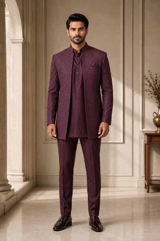 AFTER HOURS — Burgundy Woven Jodhpuri Suit