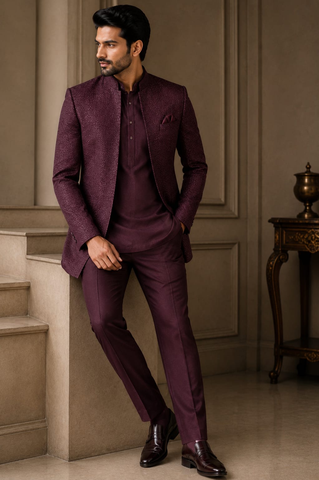 AFTER HOURS — Burgundy Woven Jodhpuri Suit