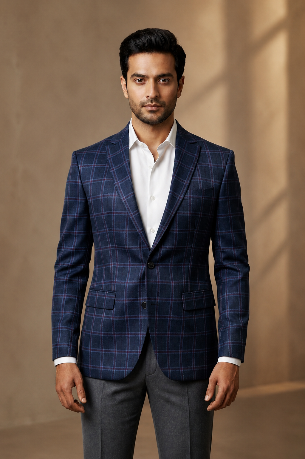 Navy Blue Windowpane Tweed Blazer