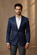Navy Blue Windowpane Tweed Blazer