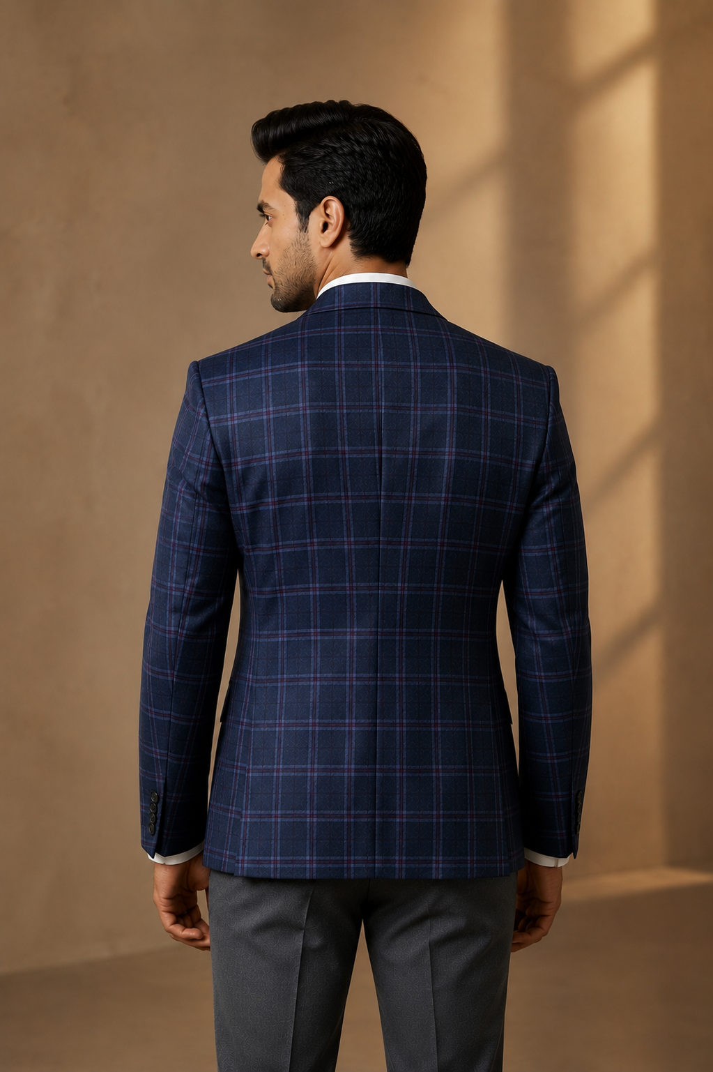 Navy Blue Windowpane Tweed Blazer