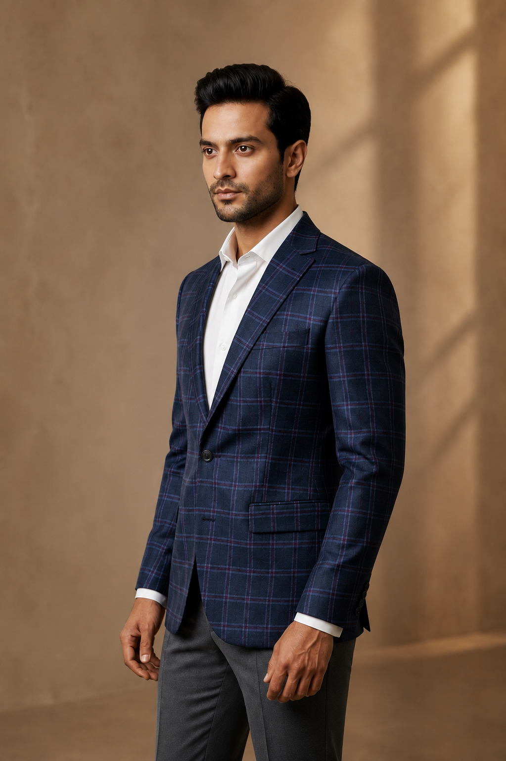 Navy Blue Windowpane Tweed Blazer